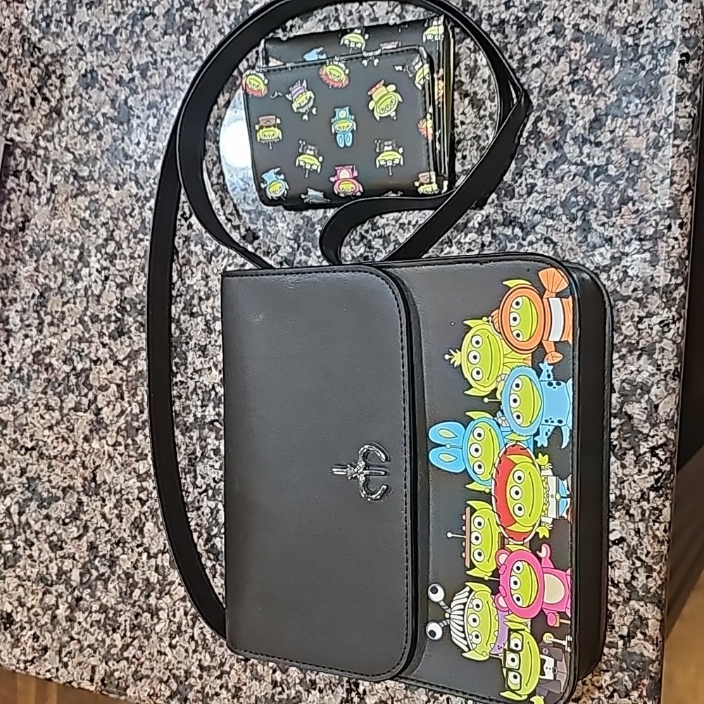 Loungefly Black Crossbody Shoulder Bag with Colorful Toy Alien Characters